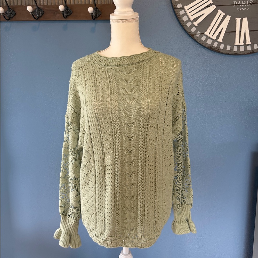 NanaMacs Light Olive Openwork Cable Knit Crew Sweater